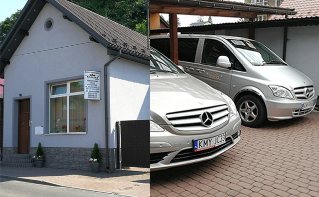 Budynek zakładu w Dobczycach oraz samochody Korony